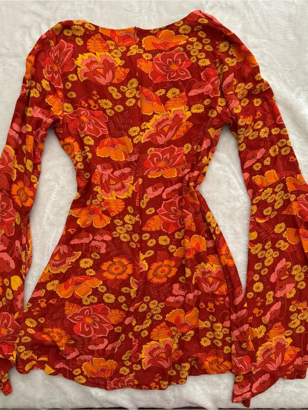 Cider Red Orange & Pink Floral Bell Sleeve Dress